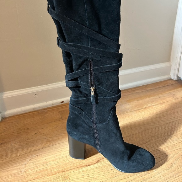 Sam Edelman - LIKE NEW - kayla black suede wrap buckle knee high heeled boots - Picture 4 of 9